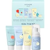 GOONGBE Kids Travel Toiletry Set, 4 Piece Hair Face &amp; Body Minis, Ages 3+ | Korean Low pH Minis for Ages 3+ - Face Wash Removes Sunscreen, 24-Hour Body Lotion, 1.01 fl oz Each, Carry-On Size