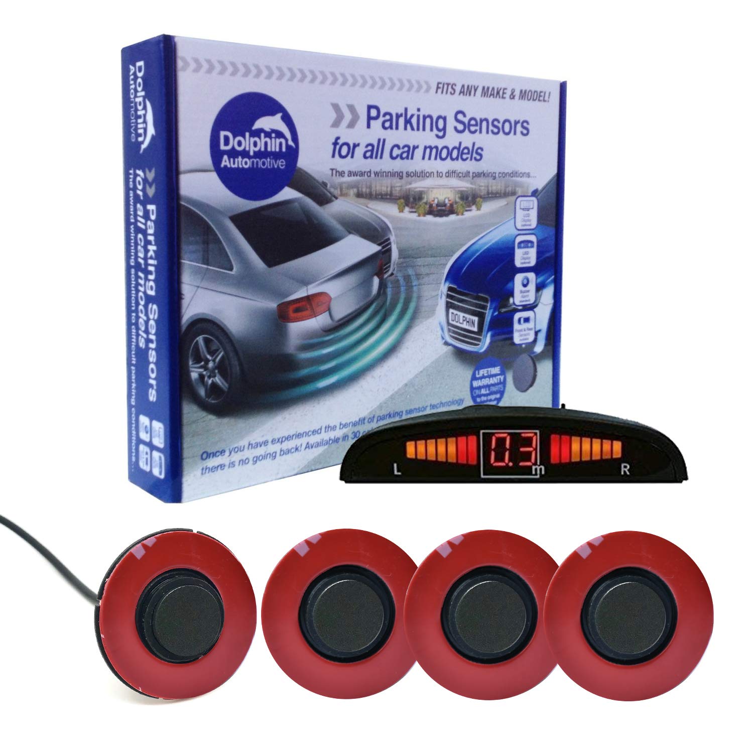 Dolphin Automotive DFM450 Reverse Parking Sensors Flush Mount OEM Style 4 Ultrasonic Radar Sensor Kit Dash Display and Audio Alert System - Iron Grey