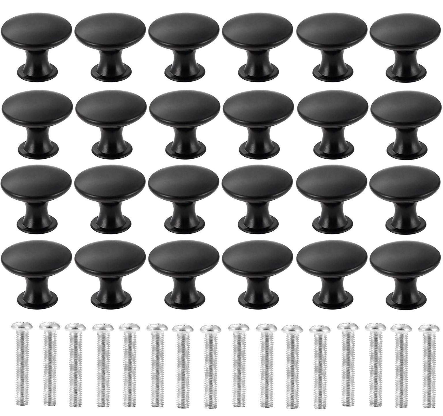 KAHEIGN 24Pcs Round Cabinet Knobs, 30mm Matted Black Mushroom Drawer Knobs Door Pull Handle for Single Hole Cupboard Wardrobe Furniture - with 24Pcs Screws