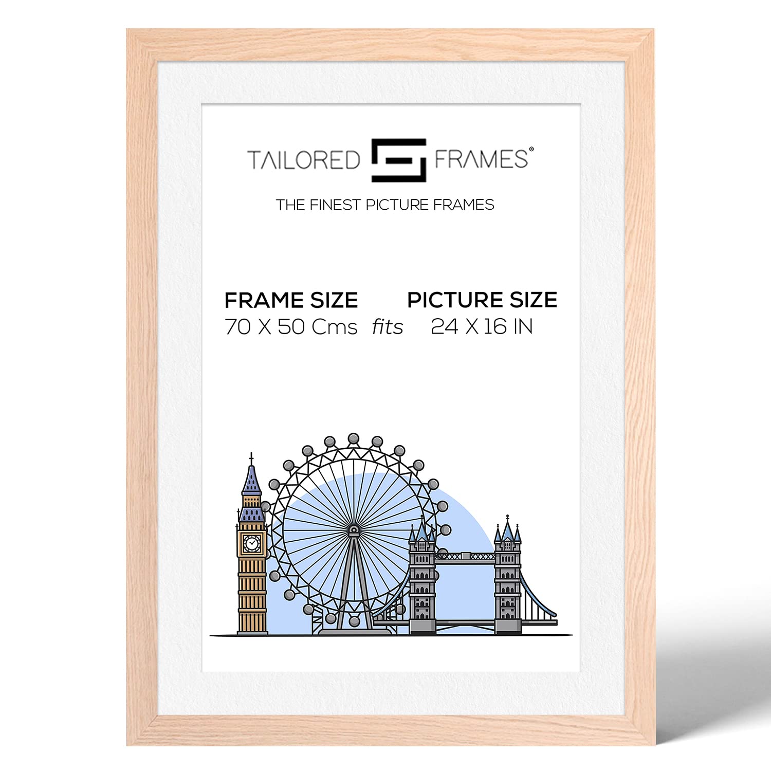 Tailored Frames 99 Solid Natural Oak Picture | Single Picture Frames | Table Top & Wall Hanging Type | Photo Frame with Mount (WHITE MOUNT, 70 x 50cm frame, to take a 24" x 16"Picture)