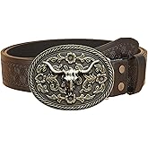 Wojgzon Western Cowboy-Belts for Women Men, Country-Cowigirl-Belt with Longhorn Buckle for Jeans Embossed Floral Leather