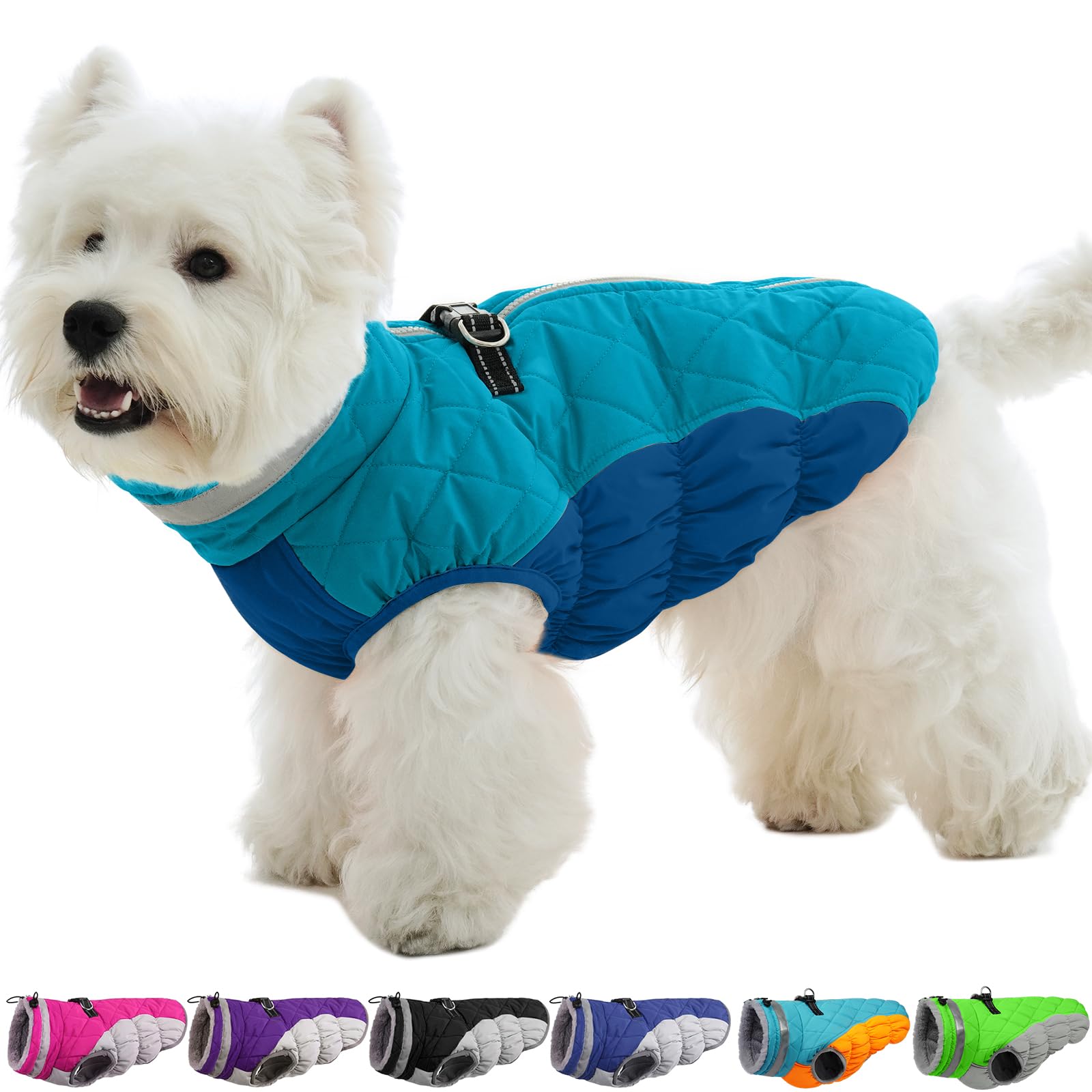 OUOBOB Dog Coat, Warm Jackets for Small Dogs, Coats with Harness Built in, Waterproof Dog Fleece Vest, Reflective Snow Suit for Cold Weather, Windproof Snow Jacket Outfit Dark Green S