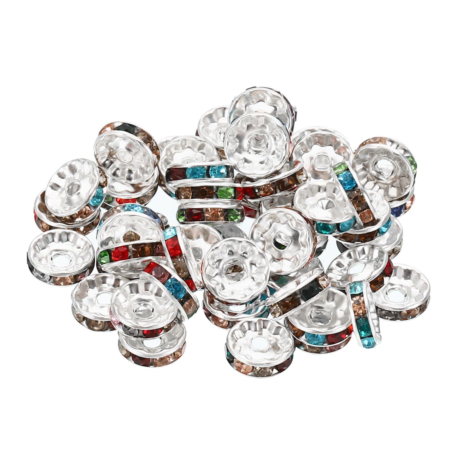 PATIKIL 10mm Spacer Beads, 100pcs Bead Spacers Rondelle Spacer Beads Rhinestone Charm Small Round Bulk Glass Beads Crystal for Making Bracelets Necklaces DIY, Silver Colorful
