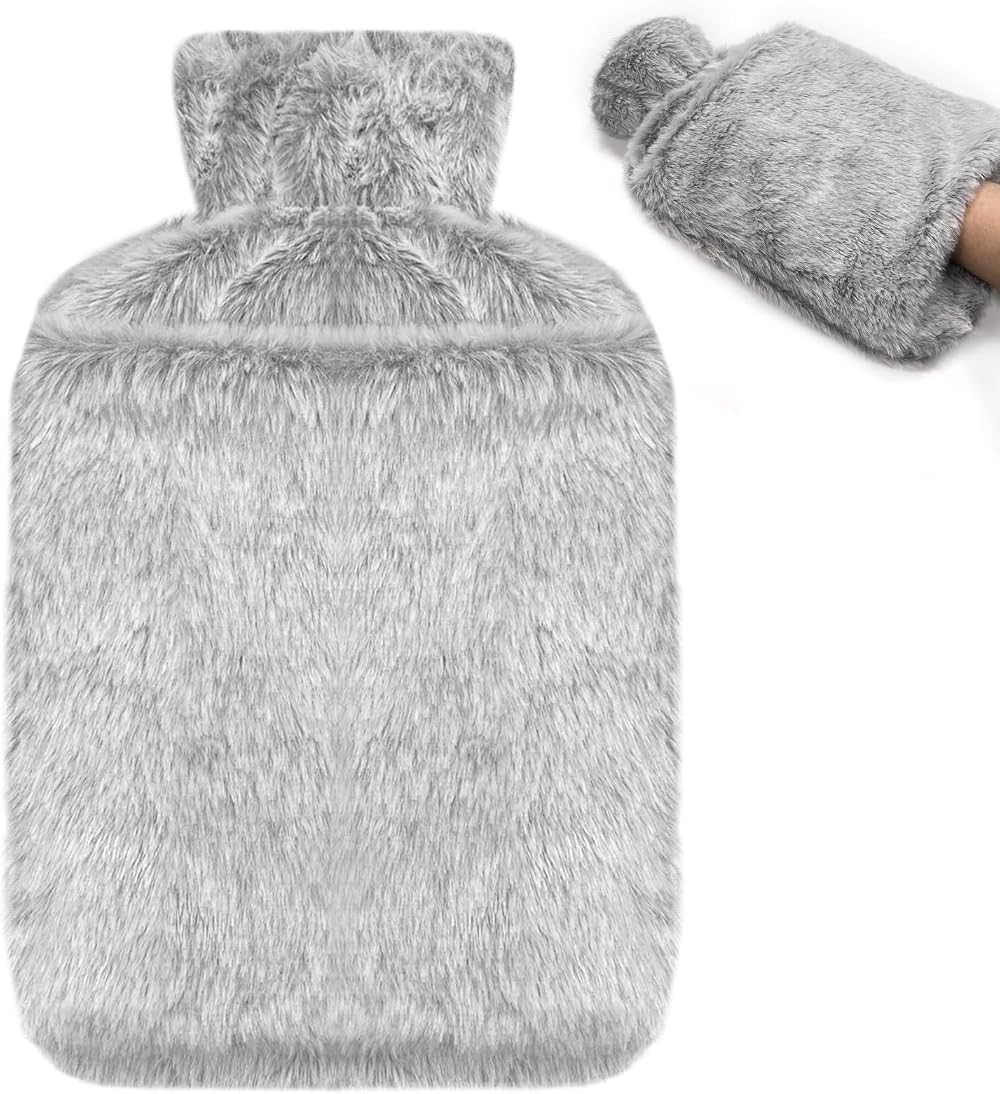 Jsdoin 2L Hot Water Bottle with Faux Fur Cover Gray Leakproof UK