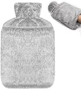Jsdoin 2L Hot Water Bottle with Faux Fur Cover Gray Leakproof UK