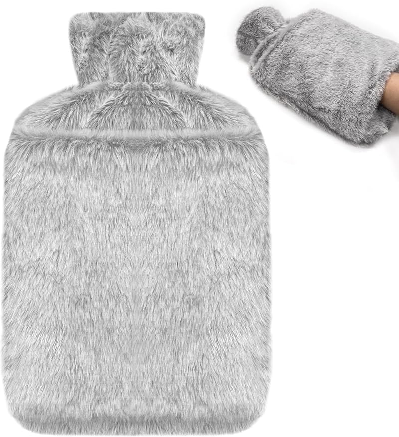 Jsdoin 2L Hot Water Bottle with Faux Fur Cover Gray Leakproof UK