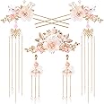 HINZIC 5PCS Silk Flower Tassels Hairpin, Crystal Rhinestone Pearl Hair Clips Headpiece Retro Flower Chinese Hanfu Wedding Brides Hair Accessories Jewelry for Women Girls Updo Long Hair