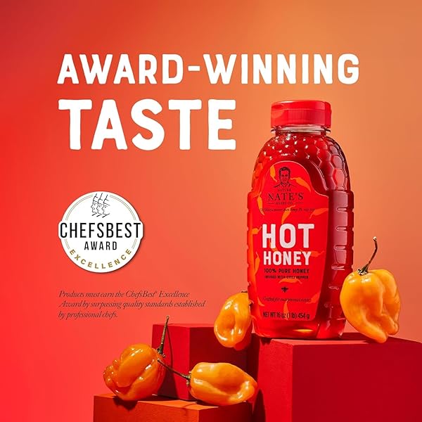 NATE’S HOT HONEY – 100% PURE HONEY INFUSED WITH HABANERO CHILI PEPPER FLAKES, AWARD-WINNING TASTE – 16 OZ SQUEEZE BOTTLE