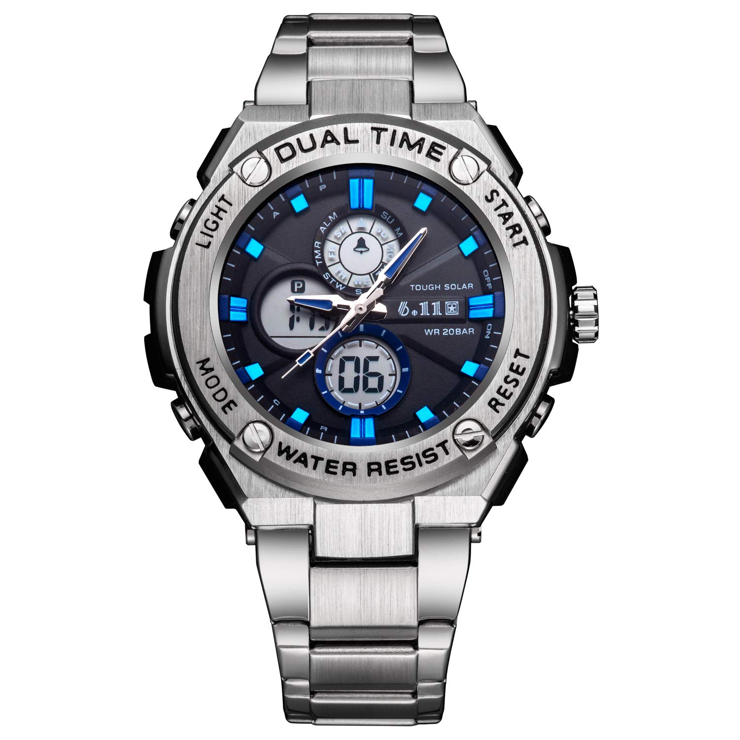 Sailine multifunzione uomo Soprt orologio doppio movimento 2 fuso orario con cinturino in acciaio INOX marca 30 m impermeabile (silver-blue)