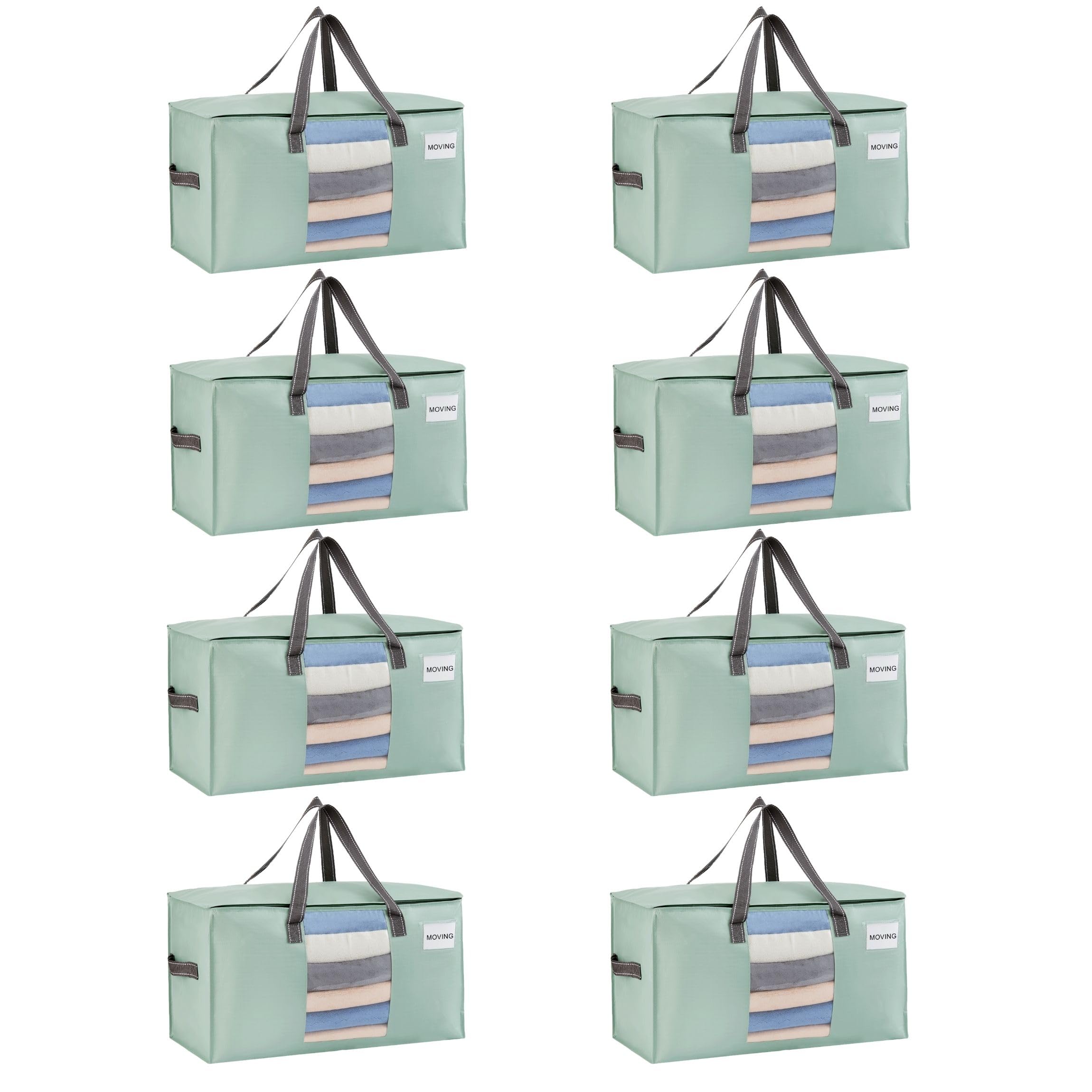 VENO 8 Pack Extra Large Moving Bags,Clothes Storage Bags for Blankets Bedding,Moving House Essentials,Waterproof Underbed Storage Packing Boxes,Laundry Bags Organiser (Light Green, 8 Pack)
