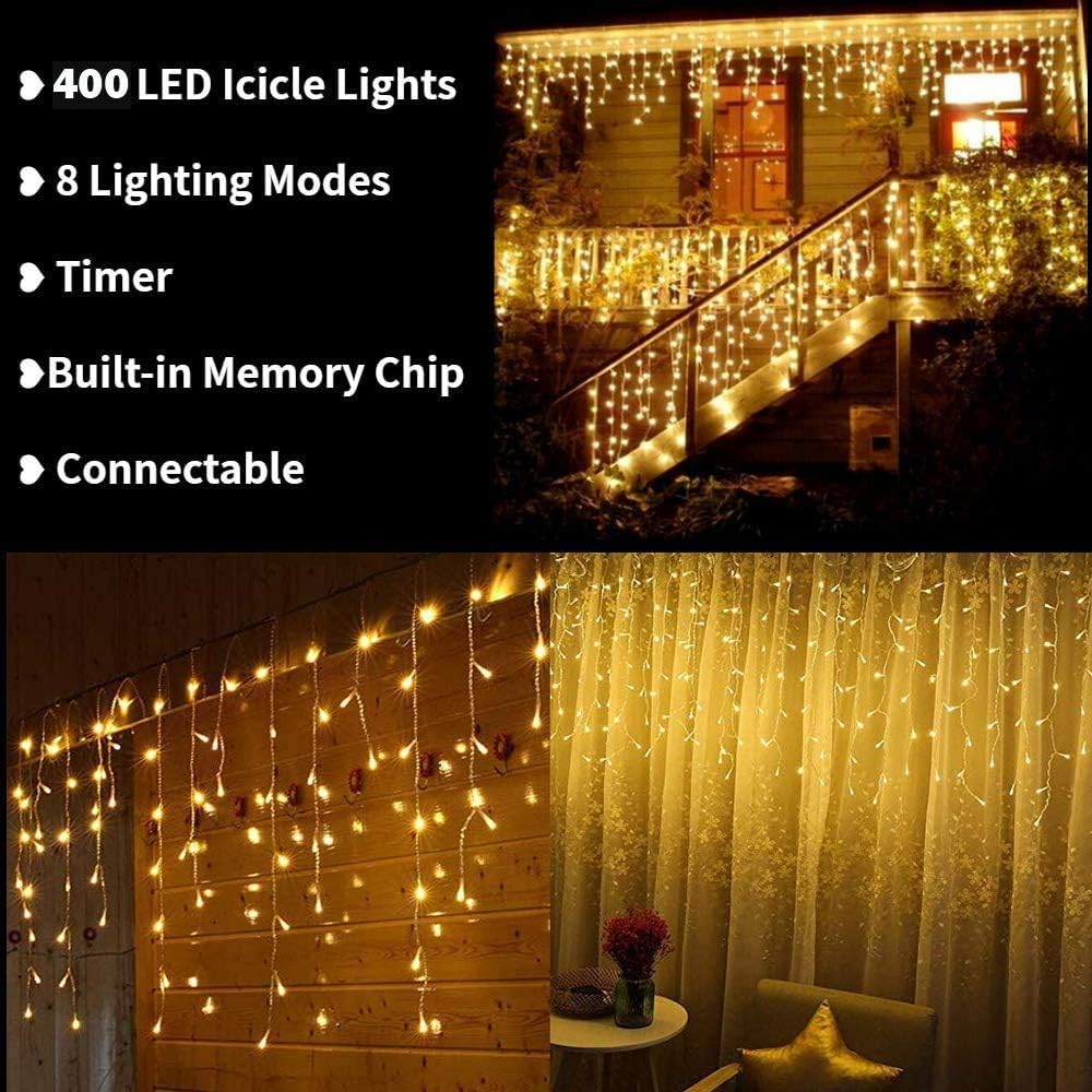 CORST 10M 400LED Outdoor Curtain Roof Lights for Eaves,Window Waterfall Icicle Light Plug in Connectable with Remote Timer for Outside Ceiling Gazebo Decor(Warm White) - Image 4