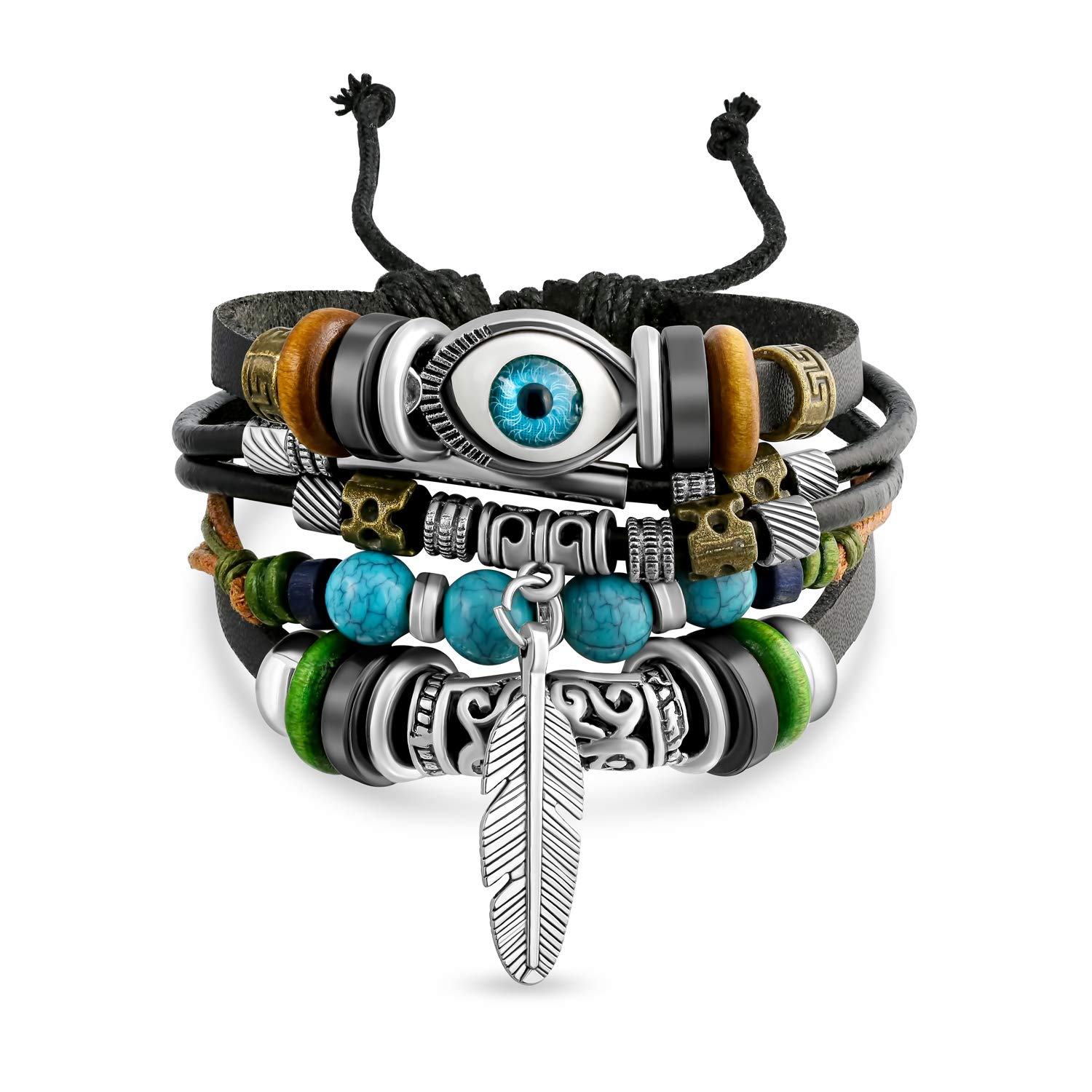 Boho Bohemian Spiritual Leaf Brown Genuine Leather Rope Braid Wrap Multi Layer Turquoise Wood Bead Evil Eye Feather Charm Wristband Bolo Bracelet Western Jewelry For Women Men Adjustable