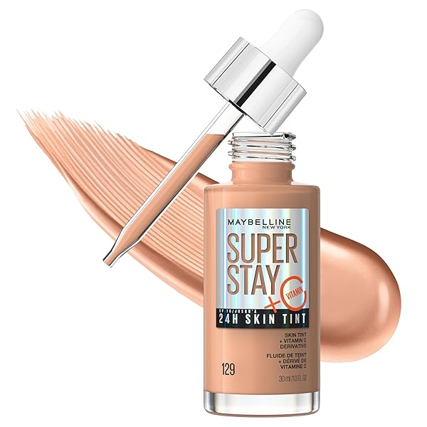 MAYBELLINE SUPER STAY UP TO 24HR SKIN TINT, RADIANT LIGHT-TO-MEDIUM COVERAGE FOUNDATION, MAKEUP INFUSED WITH VITAMIN C, 129, 1 COUNT