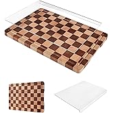 Cutting Board Set of 2 – Checkered Wood & Acrylic Cutting Board with Counter Lip for Kitchen Counter, Wood Checkerboard Chopp