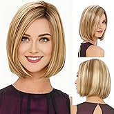RENERSHOW Short Ombre Blonde Bob Wigs for Women 12 inch Cute Straight Bob Wigs for Girls Mixed Blonde Highlight Synthetic Wig Pixie Cut Hair Replacement Wigs