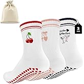 Topershow 3PCS Pilates Socks for Women with Grips, Non-Slip Yoga Socks for Barre, Workout, Hospital | Cute Grippy Crew Socks