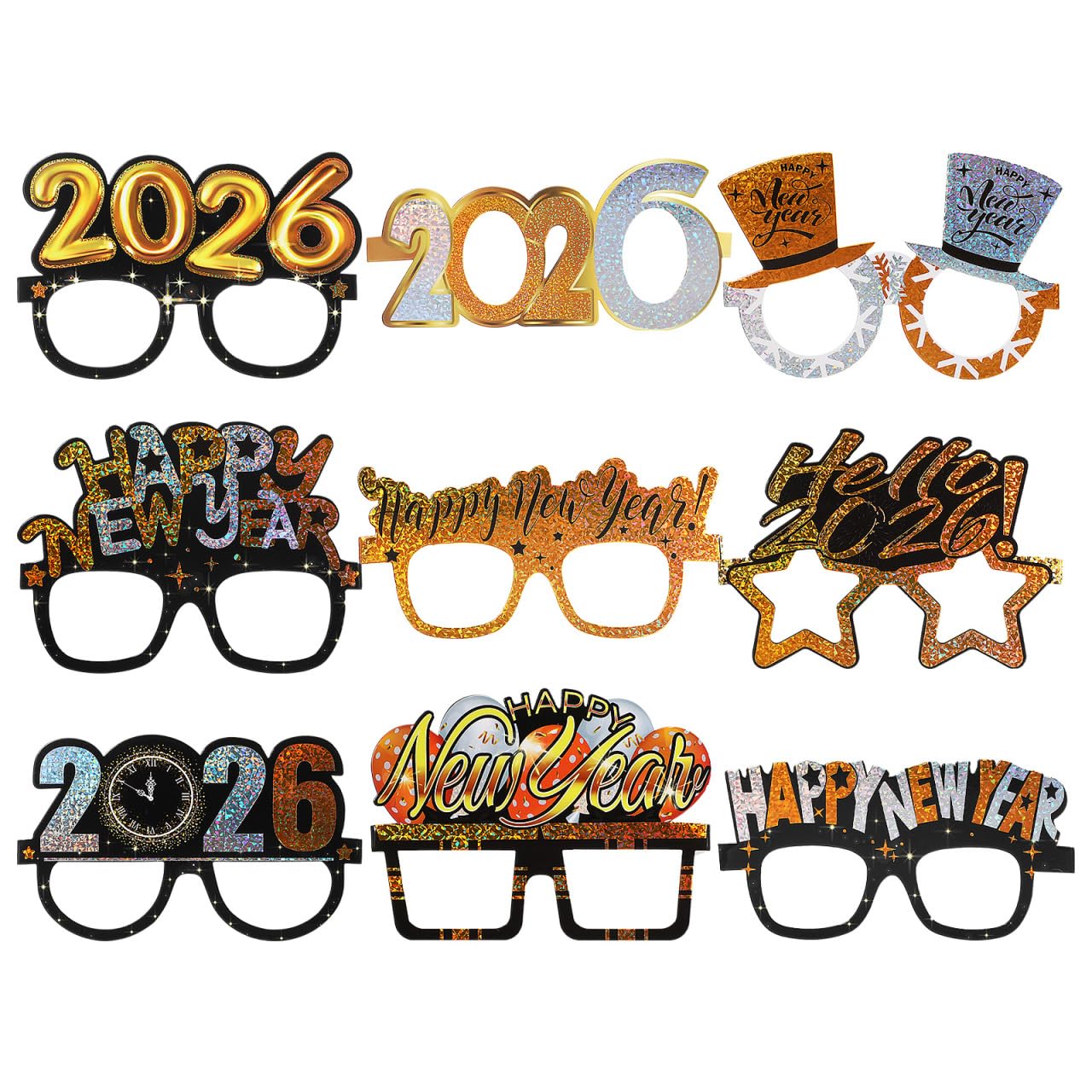 Amosfun 9pcs 2026 Happy Year Eyeglasses Fancy Party Eyewear 2026 Paper Glasses Frames New Year Photo Props Cheer to 2026 Party Supplies