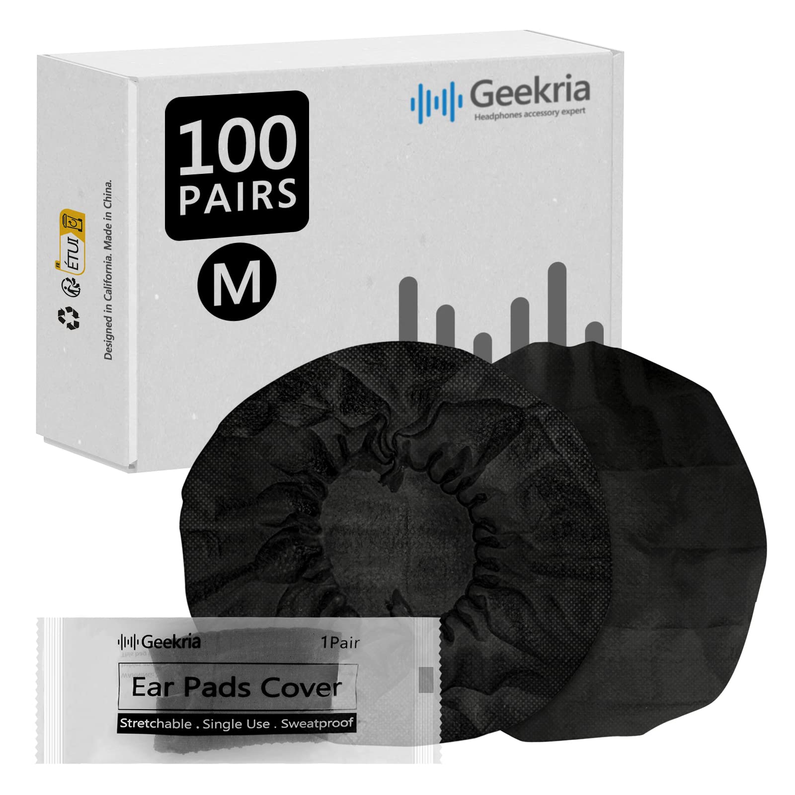 Geekria 100 Pairs Individually Wrapped Disposable Headphone Covers, Compatible with Over-Ear and MRI Headsets, Stretchable Sanitary Ear Pads (M, Black)