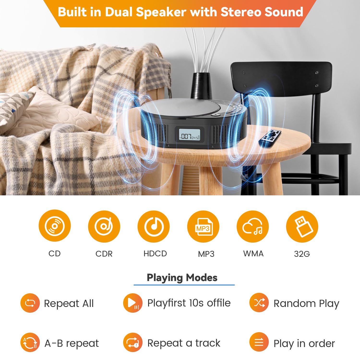 MONODEAL Portable CD Player Boombox with 2 * 3W Speakers, Bluetooth Transmitter & Speaker 2-in-1, FM Radio CD Player Combo for Car/Home, AUX/USB/MP3/WMA, Remote Control & Headphone Jack