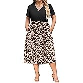 IN'VOLAND Women Plus Size Short Sleeve Dress Casual Wrap V Neck Belted Vacation Beach Midi Dresses with Pockets