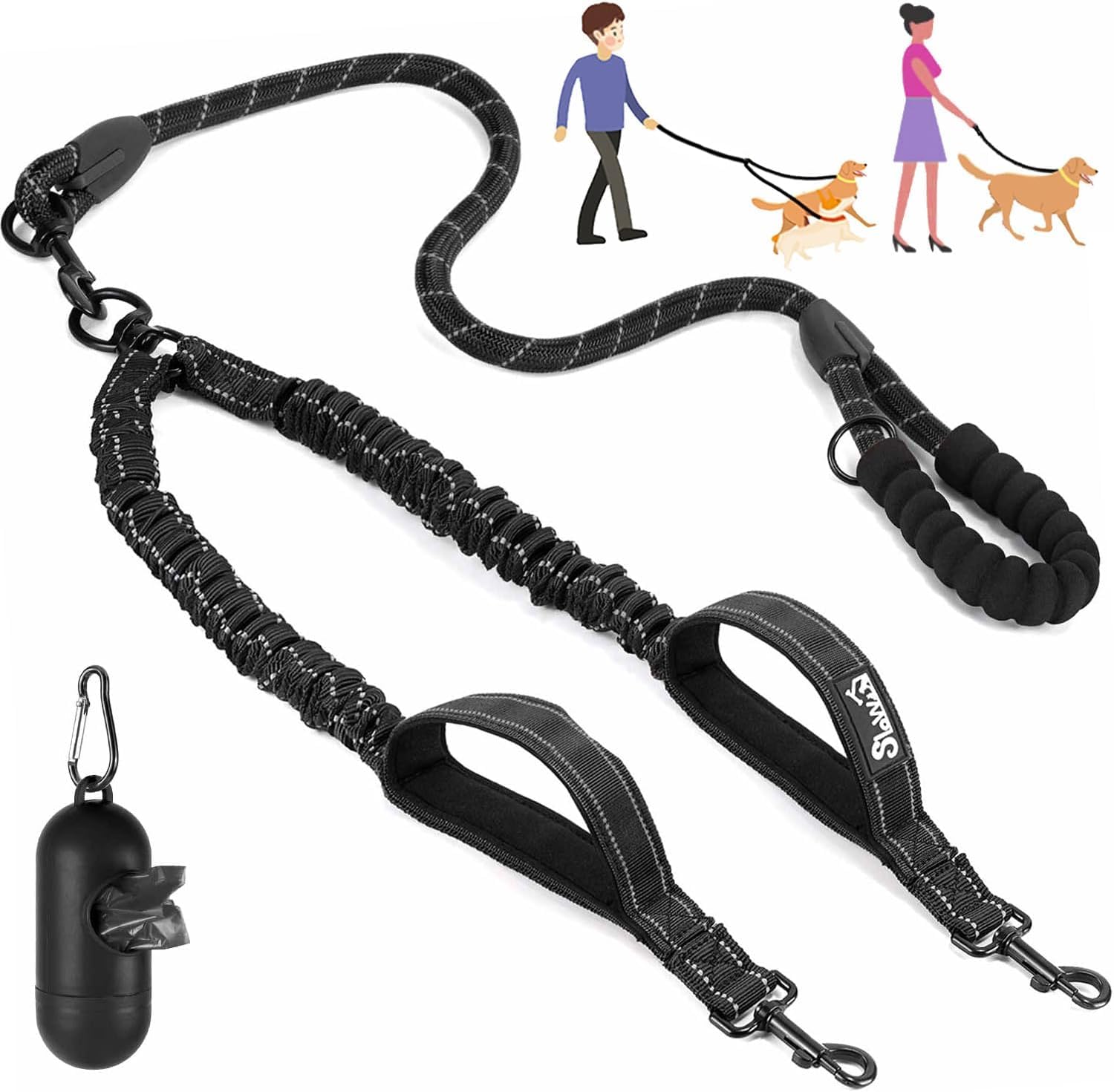 SlowTon Double Dog Lead for Walking 2 dogs No Tangle - 360° Swivel Heavy Duty Reflective Adjustable Dual Splitter with Soft Padded Handle, Comfortable Shock Absorbing Leash for Small Medium Dogs — image 1