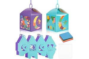Koeilay 16 Sets Ramadan Lantern Craft DIY Suncatcher Ornaments, Eid Mubarak Hanging Decorations with Tissue Papers & Ribbons,