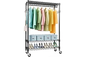 M MZG Heavy Duty Rolling Garment Rack 3 Tiers Adjustable Wire Shelving Clothes Rack with Rods and Side Hooks, Storage Closet 