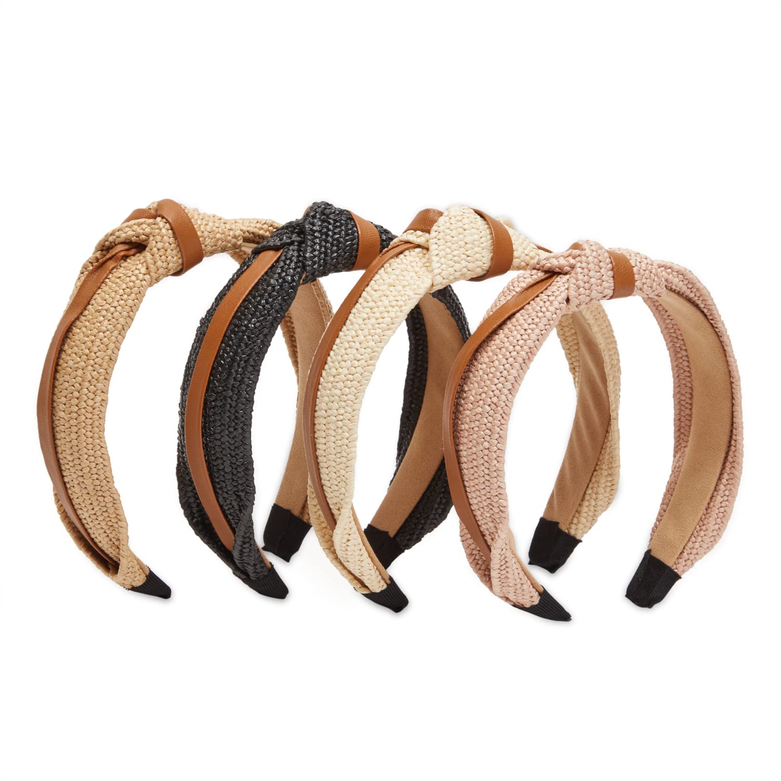 Woven Knotted Headbands for Women, 4-Pack of Top Knot Headbands with Faux Leather Accents in 4 Assorted Colours
