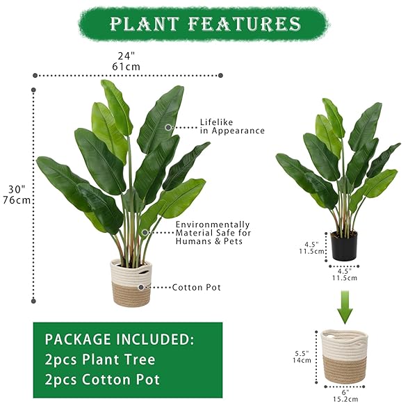HOLLYONE 2PCS LARGE ARTIFICIAL BIRD OF PARADISE PLANT IN POT, 30″ FAKE PALM TROPICAL FERNS POTTED PLANTS, 2.6FT FAUX PLANTAIN BANANA LEAF PLANT FOR INDOOR OUTDOOR HOME GARDEN DECORATION