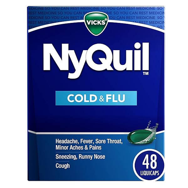 VICKS NYQUIL COLD & FLU RELIEF OVER-THE-COUNTER MEDICINE, POWERFUL MULTI-SYMPTOM NIGHTTIME RELIEF FOR HEADACHE, FEVER, SORE THROAT, MINOR ACHES & PAINS, SNEEZING, RUNNY NOSE, AND COUGH, 48 LIQUICAPS