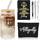 Domensi 6 Pcs Funny Lawyer Gifts Allegedly Essentials for Law School Student 16 oz Glass Cup Tumbler Makeup Bag Notepad Ballpoint for Women Valentine's Day Law Bar Study Paralegal Attorney(Black)