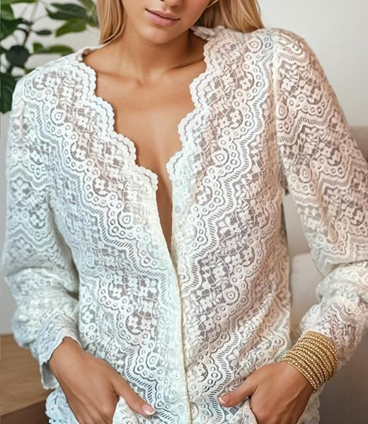 LUXVEER DRESSY LACE TOPS FOR WOMEN BLOUSES FOR WOMEN CASUAL V NECK BUTTON DOWN SHIRTS FOR WOMEN IVORY