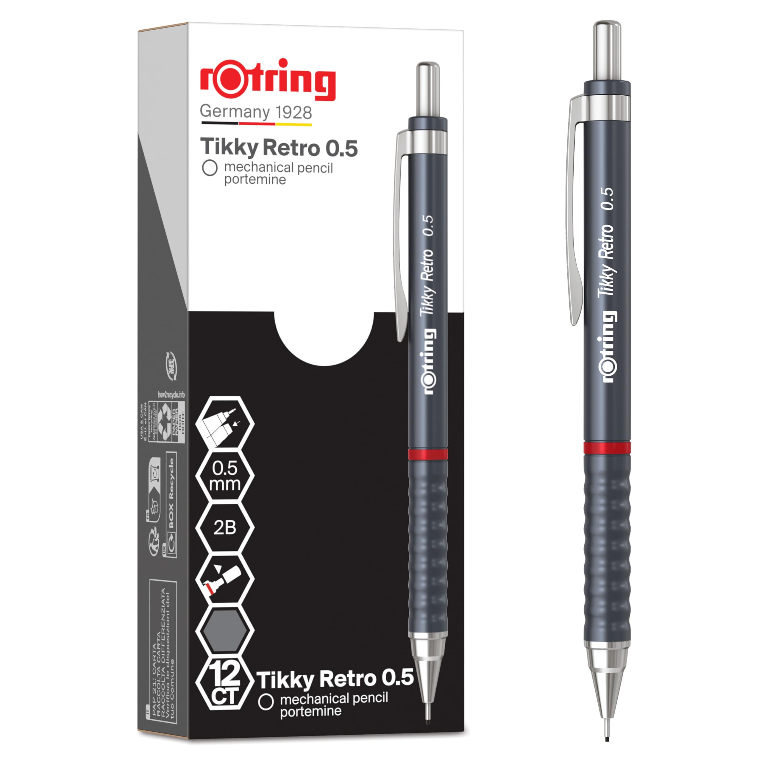 rOtring Tikky Retro Mechanical Pencils | 2B 0.5 mm | Grey Barrels | with Comfort Rippled Grip | 12 Count