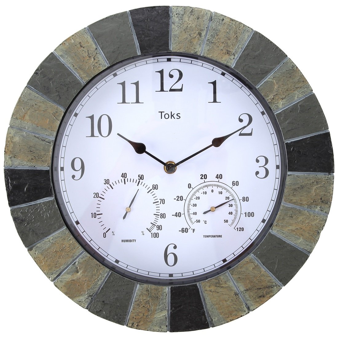 Lily's Home Hanging Wall Clock, Includes a Thermometer and Hygrometer and is Ideal for Indoor and Outdoor Use, Faux-Slate (14 Inches)