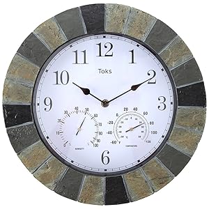 Lily's Home Hanging Wall Clock, Includes a Thermometer and Hygrometer and is Ideal for Indoor and Outdoor Use, Faux-Slate (14 Inches)