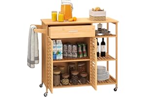 SILKYDRY Bamboo Kitchen Island Cart, Rolling Butcher Block with Large Drawer, 2-Door Cabinet, 3-Tier Open Shelves, Towel Rack