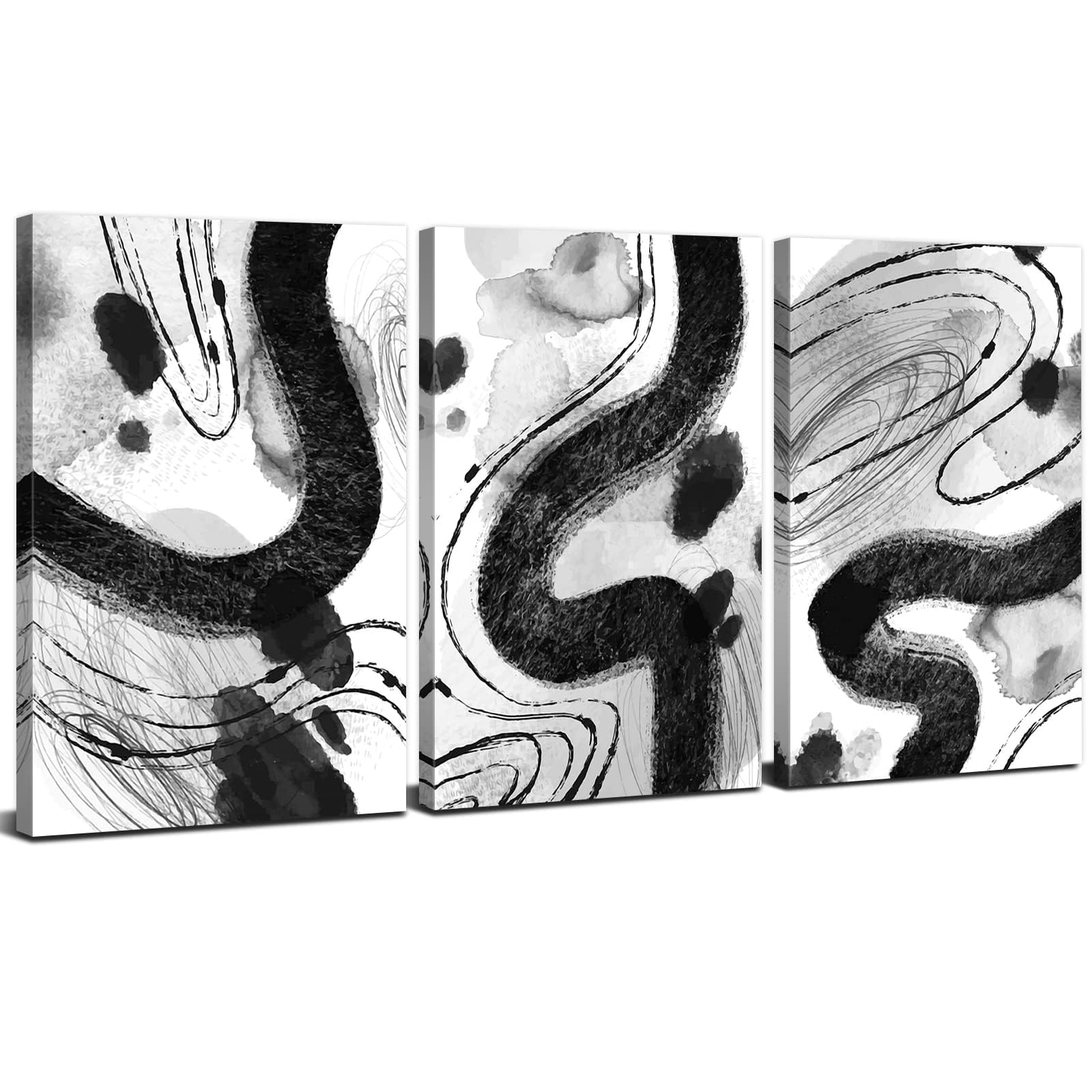 AREBOLO Set of Abstract Wall Art Canvas Prints, Black and White Wall Decor for Living Room Bedroom Kitchen Marble Fluid Ink Pictures Paintings Modern Wall Artwork Framed Home Decorations (16x12 Inch)