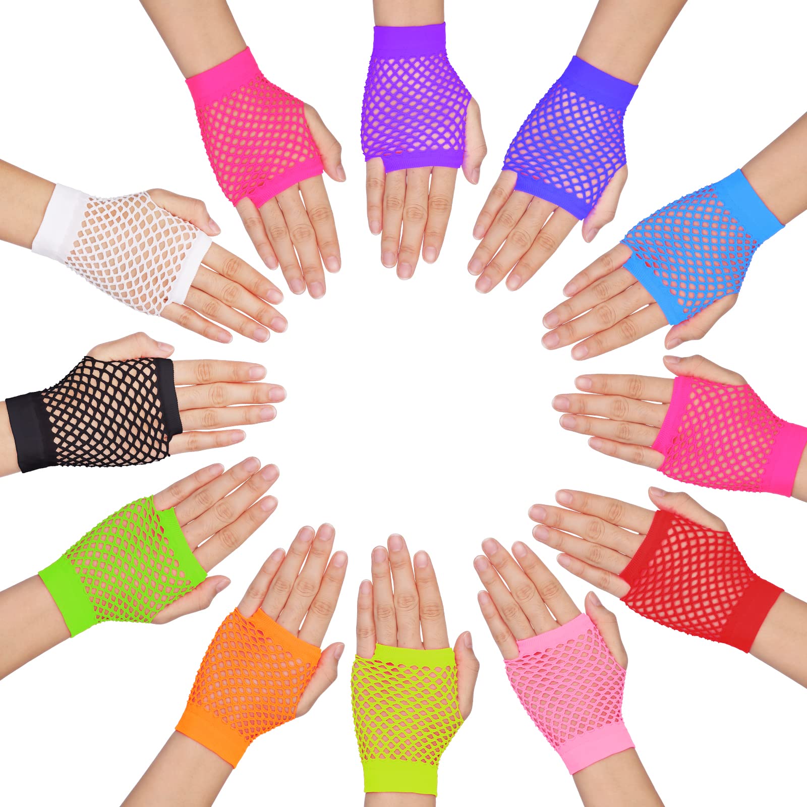 Mabor Neon Party Gloves - 12 Pairs Assorted Colors, 80s Fishnet, Fingerless, Neon Accessories for Fancy Dress (Multicolor, 3.54×3.15in)