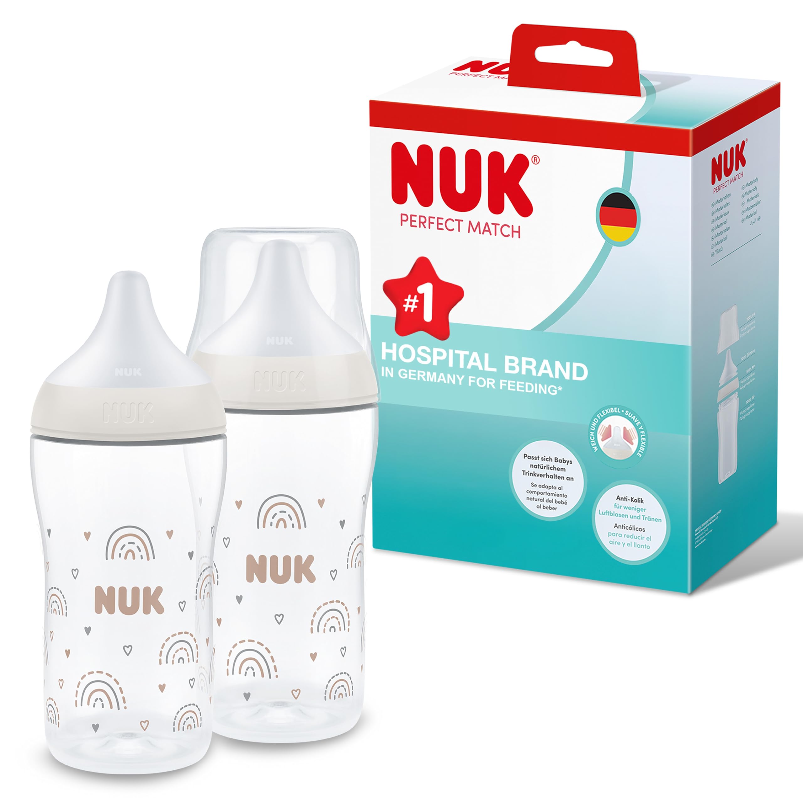 NUK Perfect Match Baby Bottles Set | 3+ Months | Adapts to Baby's Palate | Temperature Control | Anti Colic Vent | 260 ml | BPA-Free | Medium Silicone Teat | Rainbow | 2 Count