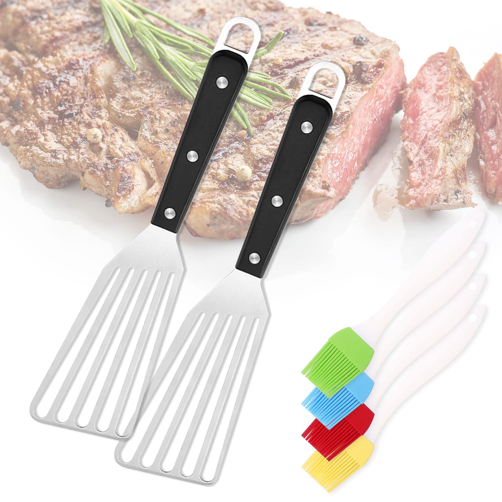 2Pcs Stainless Steel Fish Spatula, BOJVESH Metal Slotted Fish BBQ Fry Turner Shovel with Riveted Handle and 4 Pastry Brushes, Non-Stick Heat Resistant Fish Spatula for Cooking Fish Eggs Meat Barbecue