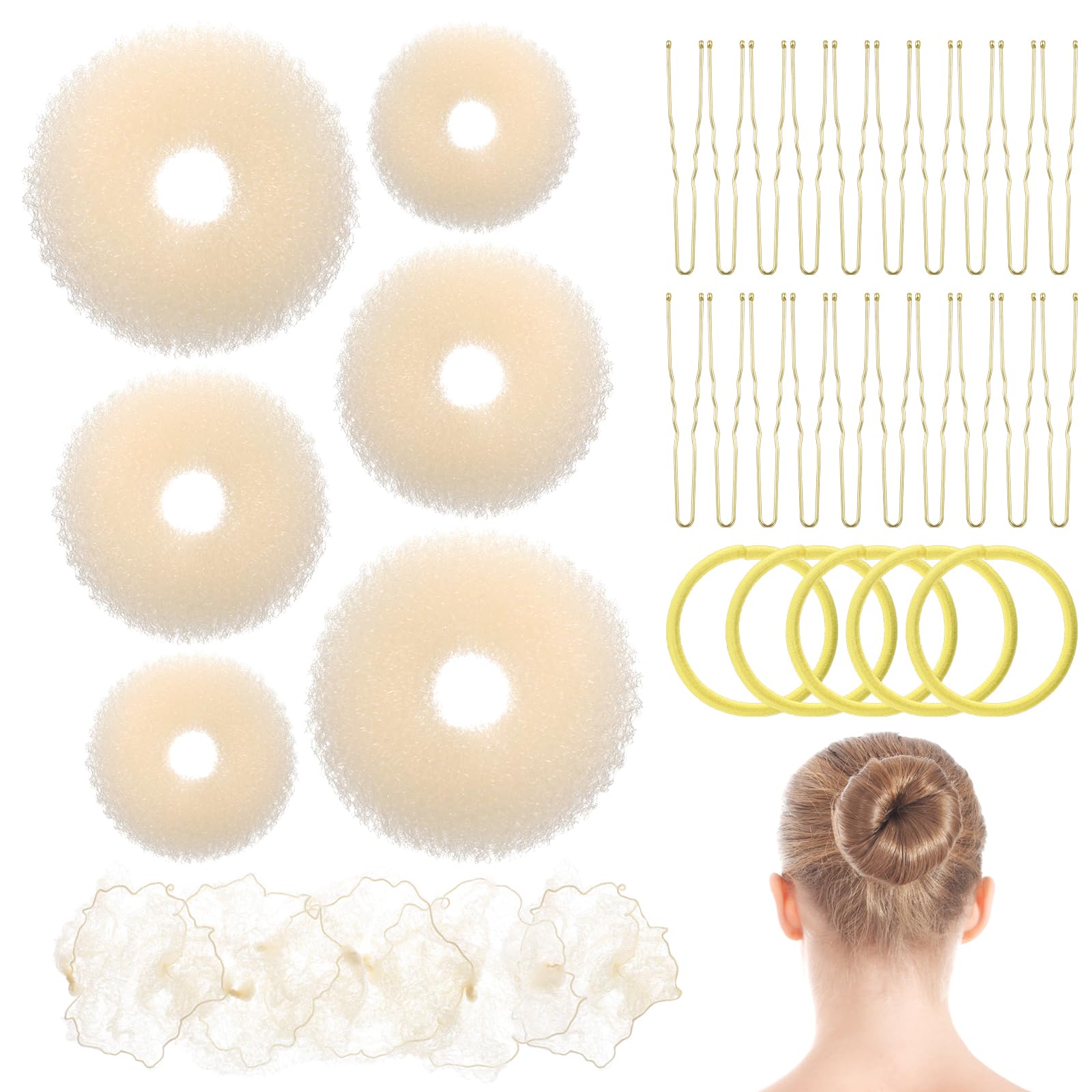 AOZUO Donut Hair Maker Set, 6 Doughnut Makers, 5 Invisible Nets, 5 Bobbles, 20 U-Shaped Clips for Children, Girls and Women