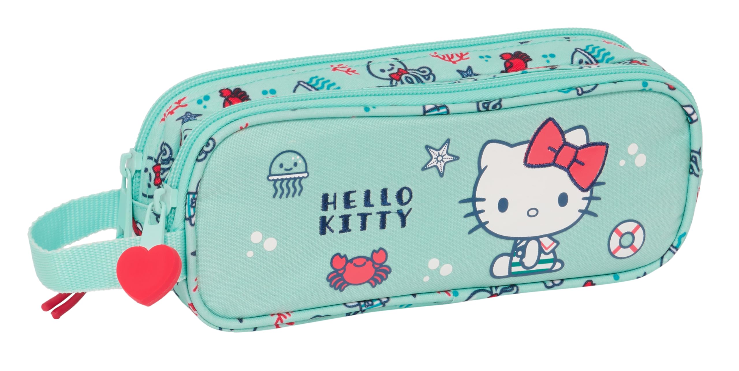 Safta Hello Kitty Sea Lovers – Double Child's Pencil Case, Children's Pencil Case, Ideal for School Age Children, Comfortable and Versatile, Quality and Resistance, 21 x 6 x 8 cm, Turquoise