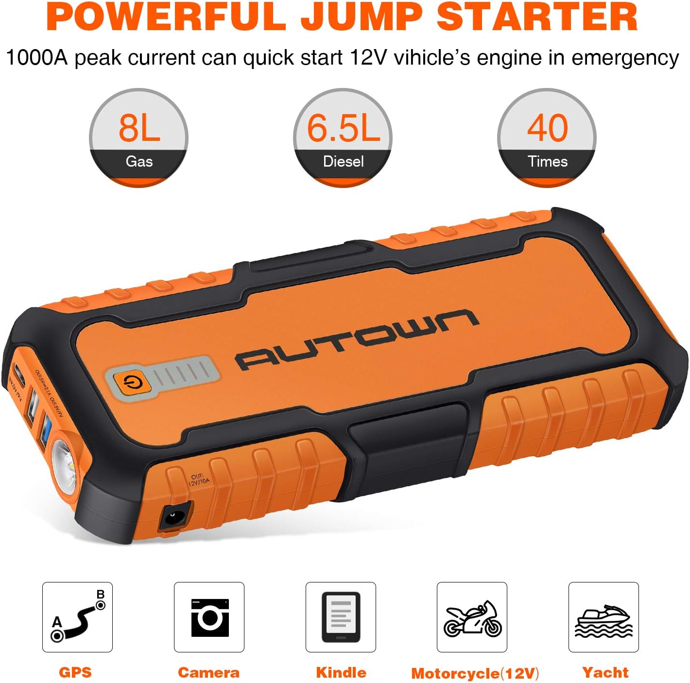 AUTOWN Car Jump Starter - 21000mAh 1000A Peak, 12V Auto Battery Booster with Quick Charge (Up to 8.0L Gas, 6.5L Diesel Engine), Portable Power Pack & Jump Box with Smart Jumper Cables and LED Light: Automotive