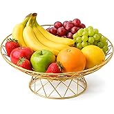 AIYICIII Large Metal Wire Fruit Bowl, Round Mesh Fruit Basket for Kitchen Countertop, Modern Decorative Bread Vegetable Storage Holder Organizer(Gold)