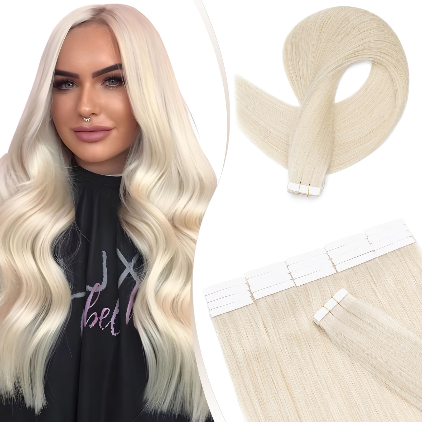Elailite Tape in Hair Extensions Real Human Hair 20 Pcs 30g - Thin Type - Seamless Skin Weft Remy Hair Extension (#70 Bleach White, 16 Inch) — image 1
