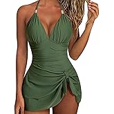 SUUKSESS Women One Piece Swim Dress Tummy Control Swimsuit Tie Knot Bathing Suit
