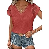 SHENHE Women's Eyelet Embroidery Contrast Lace Batwing Sleeve V Neck T Shirt Tee Tops
