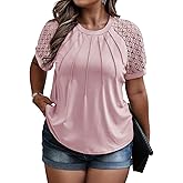 Eytino Plus Size Tops for Women Summer Lace Short Sleeve Crewneck Loose Casual Blouse Tunic T Shirts(1X-5X)