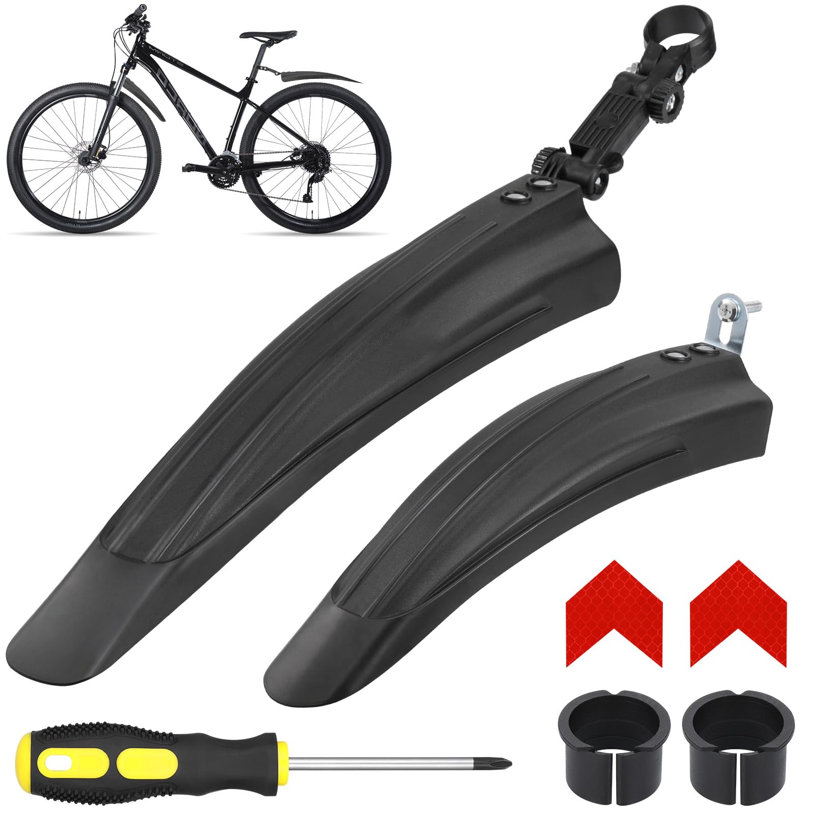 Hejo Bike Mudguards Set, Universal Mudguards for 24-29 inch Bikes, Adjustable Bicycle Front and Rear Mud Guard with 2 Red Arrow Reflective Stickers for most of Popular Bicycles Black