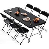 IWDOO 6FT Folding Table with 6 Black Folding Chairs Set for Outdoor Use | Foldable Table and Chair set for Camping Picnic Dining Party Outdoor Indoor with Carrying Handle, Easy to Fold and Store
